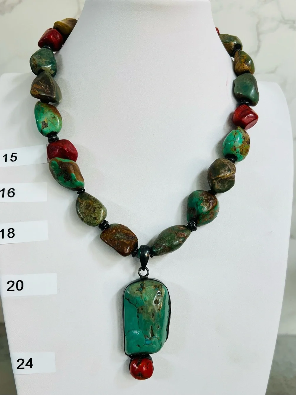 Paige Wallace for Marushka Sterling Coral Turquoise Pendant Necklace 19in